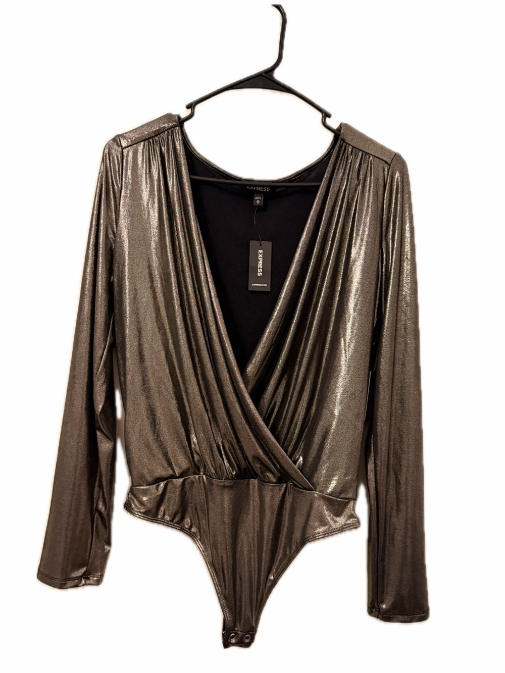 Express Shimmery Bronze Wrap-Front Long Sleeve Bodysuit